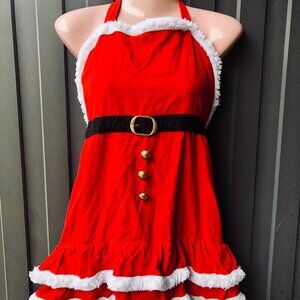 Pier 1 Imports Santa Claus Apron Costume Red White Faux Fur Trim Holiday Kitchen